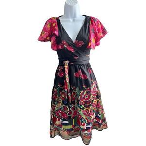DESIGUAL Multicolor Wrap Midi Dress Daisy Flutter Size EU-38 US-S.